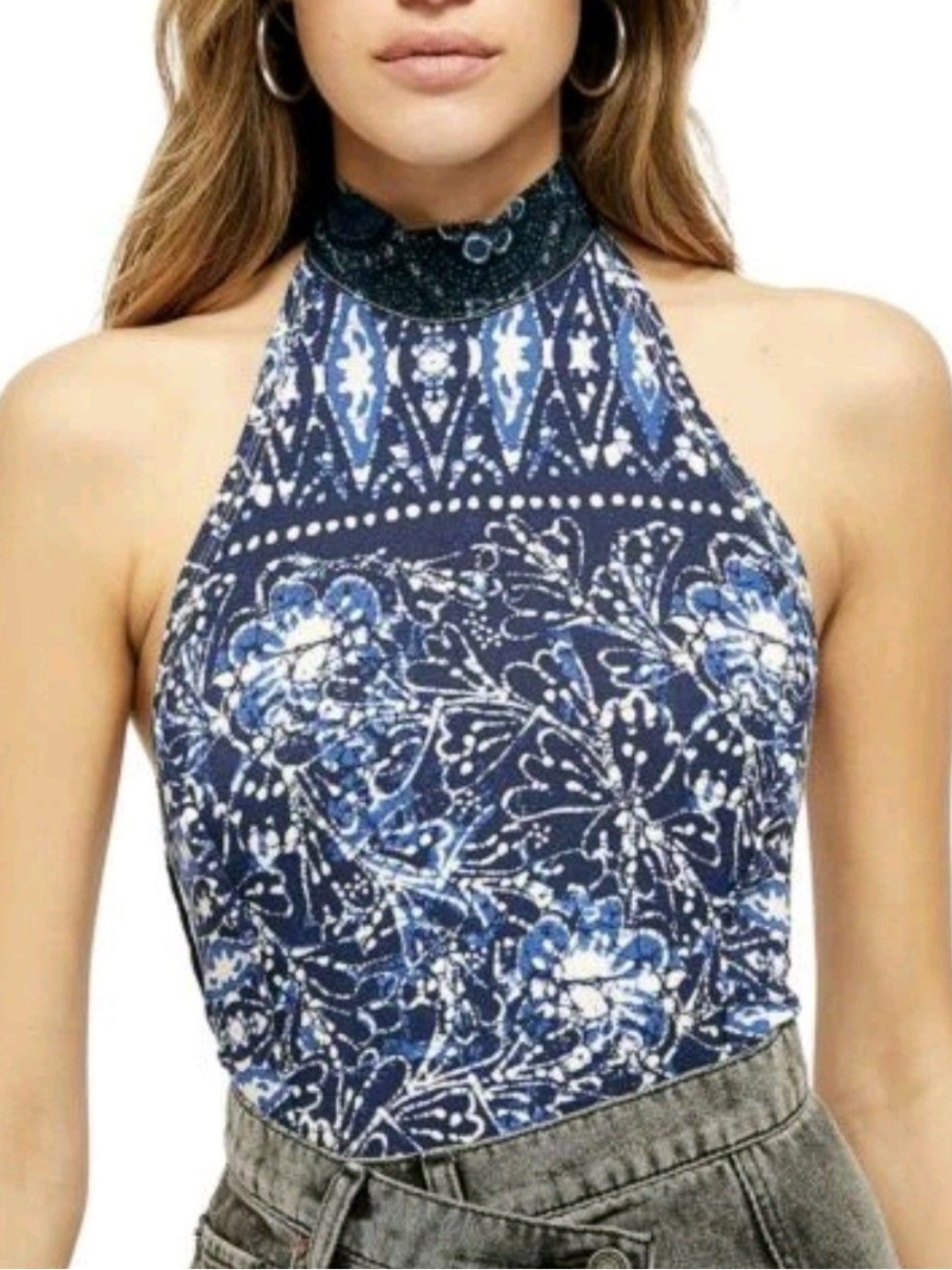 NWT Free People Blue and White Halter Floral Top